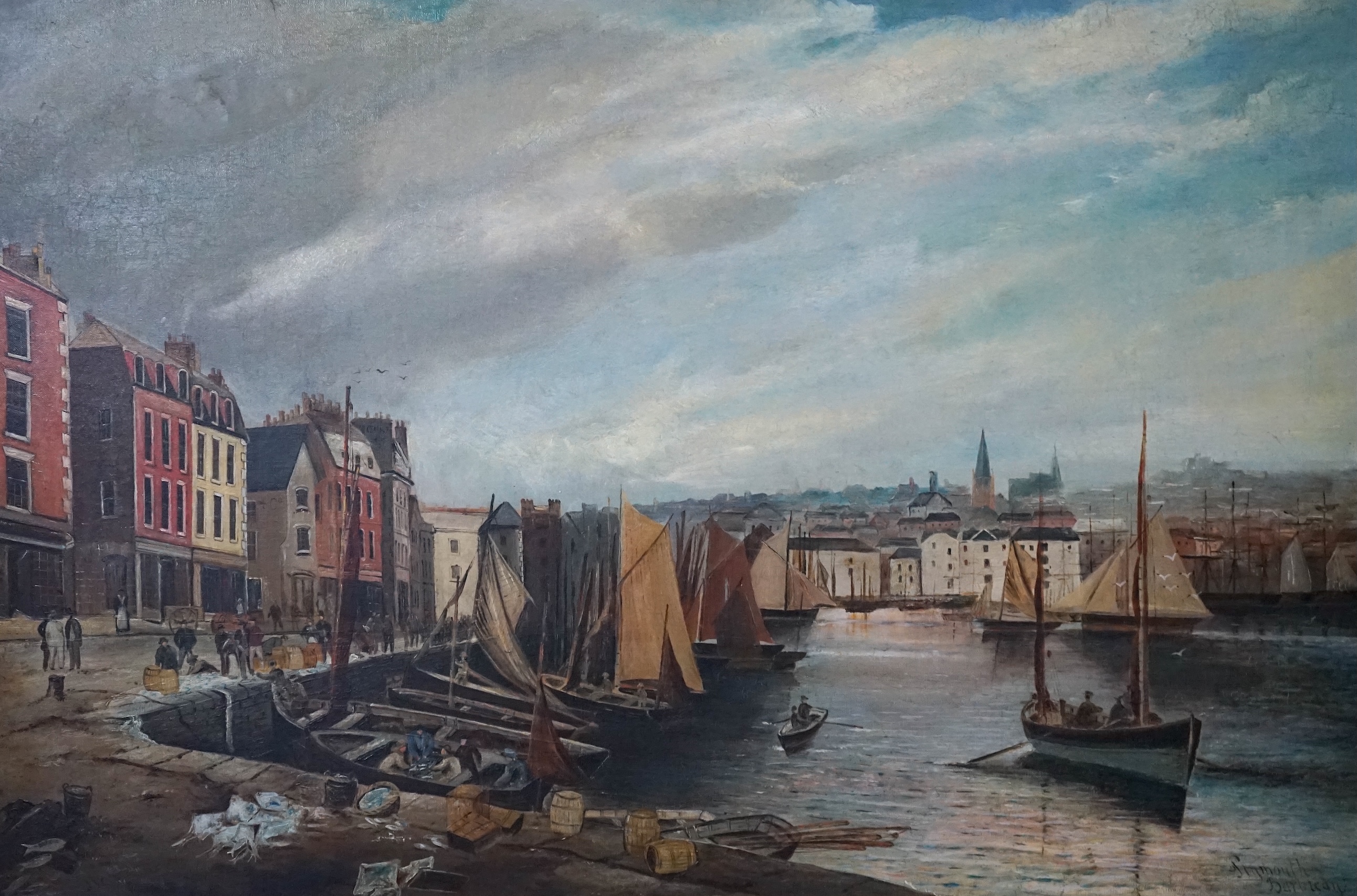 J.S. Guy (English, 19thC.), oil on canvas, 'Plymouth, Barbican', signed and titled, 60 x 90cm. Condition - fair